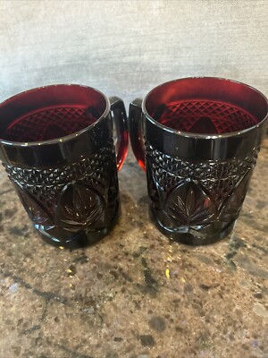 Vintage Luminarc Pair Ruby Red Colored Glass Mugs Pressed Glass Set Two Cups Mug