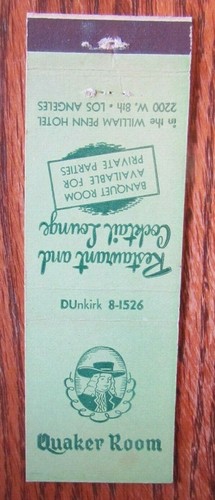 QUAKER MATCHBOOK MATCHCOVER: QUAKER ROOM (LOS ANGELES, CALIFORNIA) -E17