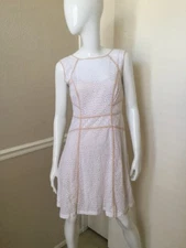 Gabby Skye BEAUTIFUL White Eyelet Sleeveless Fit n Flare Dress w/ Beige Trim 6