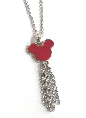 Vintage Disney Couture Mickey Mouse Necklace Red Tassel Crystal Silver Plated - Picture 6 of 11