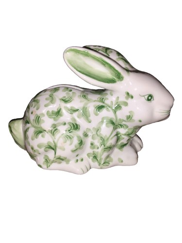 Vtg Andrea By Sadek Easter Bunny Rabbit Coin Piggy Bank Ceramic Green Floral 6” - Picture 4 of 6