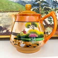 Vtg Peach Lusterware Handpainted Scenic Porcelain Teapot Antique Japan 1930s