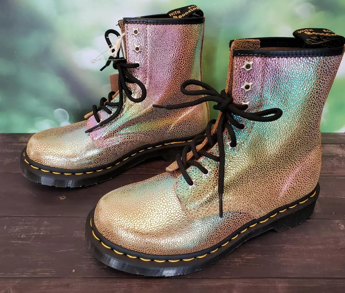 NEW Dr. Doc Martens Sand Rainbow Ray Gold Iridescent Suede Leather