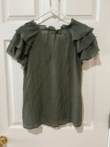 Nanette Lepore Women's Olive Green Blouse w/ Ruffle Sleeve size XL - Picture 2 of 10