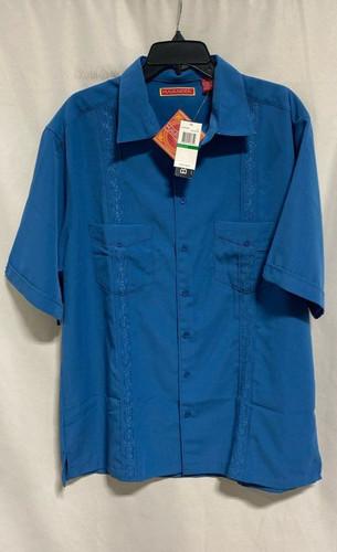NWT Havanera Mens Blue Embroidered Pockets Short Sleeve Button-Up Shirt Size LT