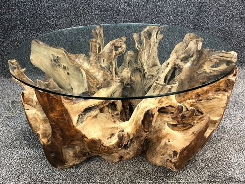 Large Teak Root Lombok Round Wooden Coffee Table One Piece with Glass Top