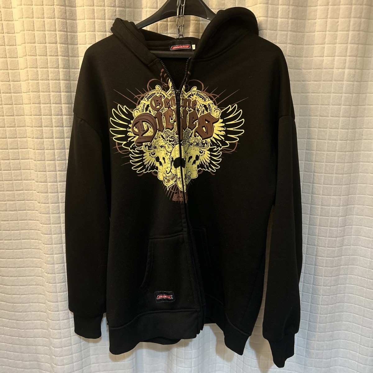 VTG Y2K Dickies Hoodie Mens (XL) Black Skull Graphic Fleece
