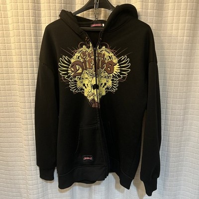 VTG Y2K Dickies Hoodie Mens (XL) Black Skull Graphic Fleece