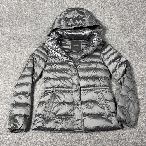 Massimo Dutti Feather Down Puffer Jacket Womens Small Gray Hooded Quilted Zip