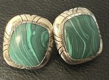 Vintage Mexico Sterling Silver Square Malachite Omega Back Pierced Stud Earrings