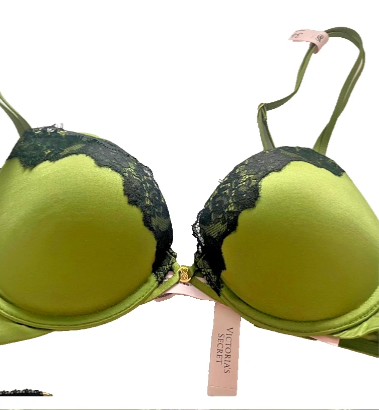 NWT Victoria Secret 34B Push Up bra & M thong Crotchless panties Set green lace - image 4 of 4