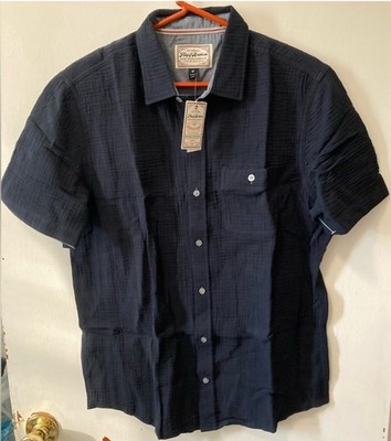 Flag & Anthem Men s Button Up Navy Shirt Short Sleeve Size Medium 100% Cotton