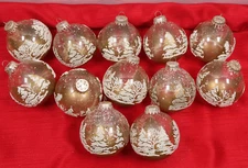 Lot of 12 VTG Krebs Glass Ornaments Stenciled Gold White Trees Winter Snow