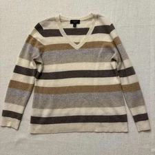 CHARTER CLUB Striped Cashmere V-Neck Sweater – Size Large