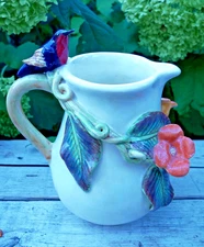 Pitcher with Hummingbird Flowers & Vines Handmade Ceramic Tonala Mexico Folk Art