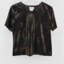 Vtg Kathie Lee Womens Rainbow Sequin Velvet Top Size M Black Retro Dopamine 80s