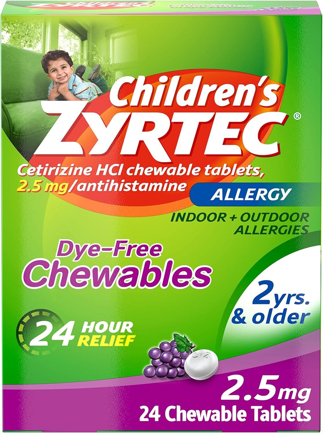 Zyrtec Kids Dye-Free 2.5 mg Chewable Allergy Relief Tablets 24 Hours