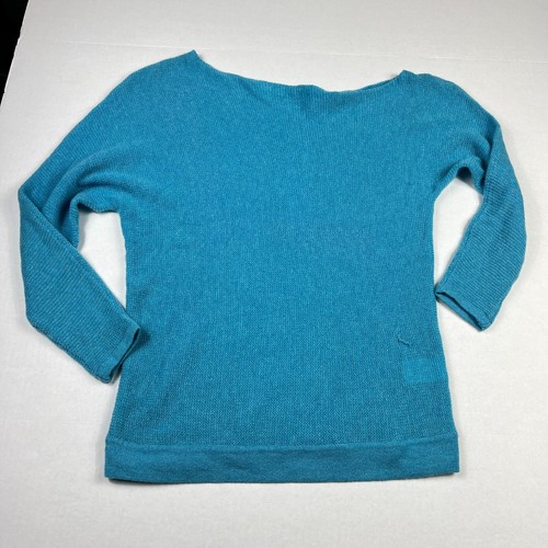 Minnie Rose Cashmere Sweater Blue Asymmetric Soft Minimalist Knit SMALL FLAW