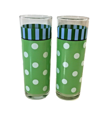 2 Southern Living Highball Glasses Ice Tea Green Polka Dot Gail Pittman Provence