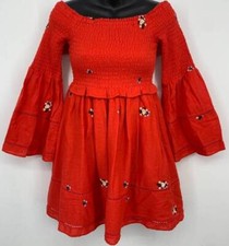 Free People Passion Kiss Red Bell Sleeve Dress Smocked Embroidered Extra Small 