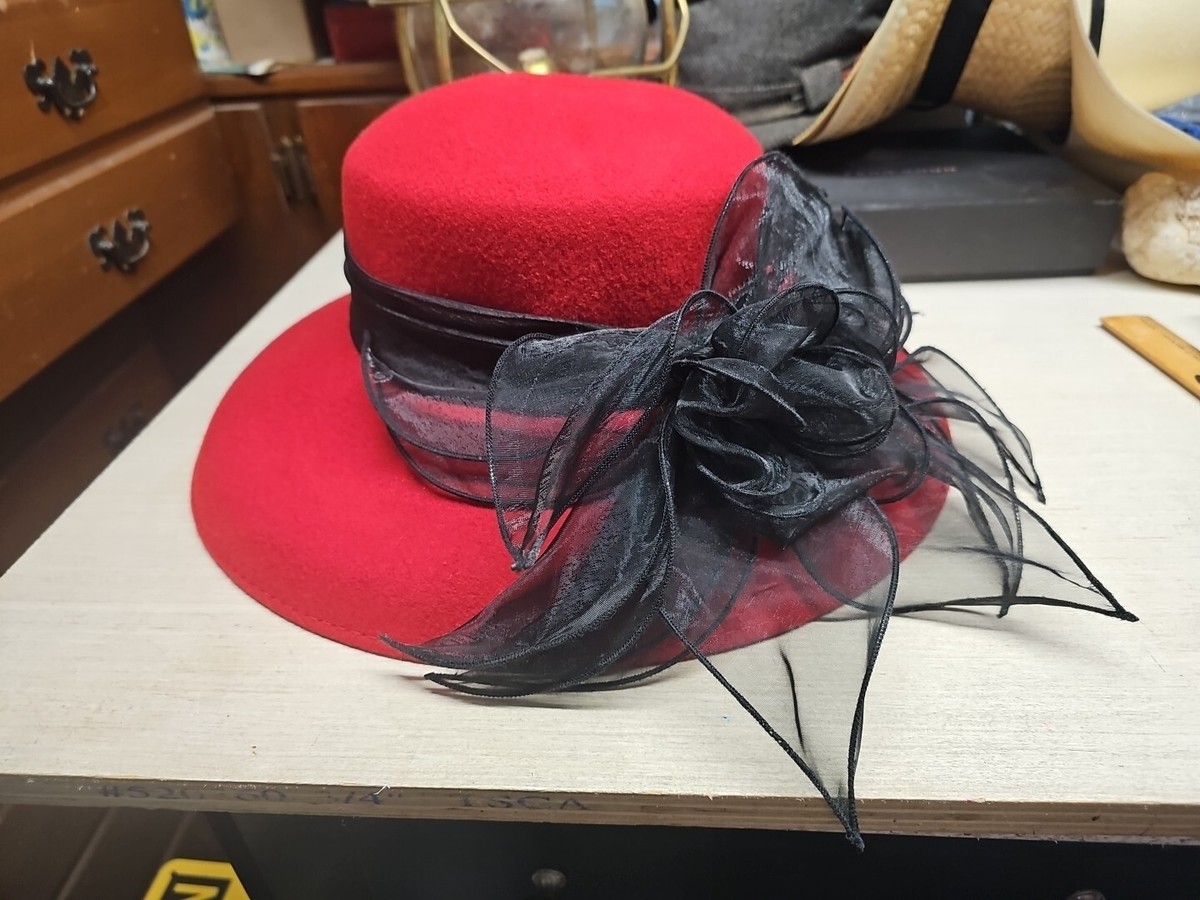 Vintage RED 100% WOOL HAT with LARGE BLACK BOW RED HAT 