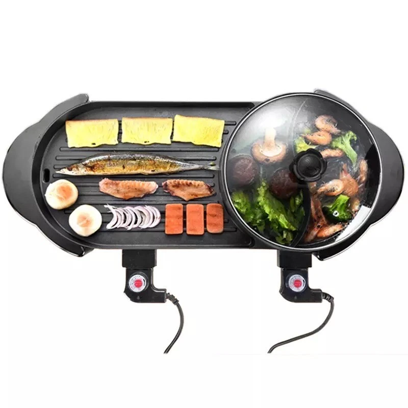 2 in 1 Electric Grill Pan Hot Pot Smokeless Barbecue Pan Non-Stick BBQ Griddle