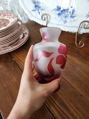 20er Jahre Jugendstil Säure geätzt 6,3/4" strukturierte Glasvase Blumen - Bild 6 von 10