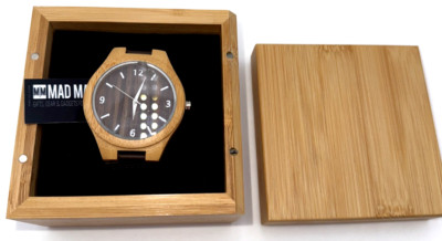 Men s Mad Man Boyd Bamboo Wood Wristwatch Leather Strap New In Box (Defects)