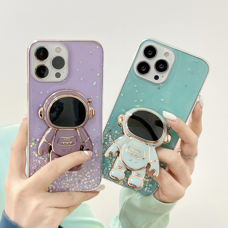 3D Astronaut Stand Glitter Phone Case For iPhone 16 15 14 13 Pro Max 12 11  Cover