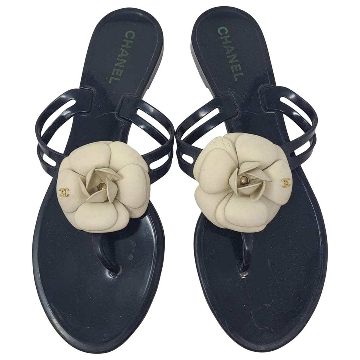 CHANEL CAMELIA／サンダル／サイズ23cm Chanel Black Jelly Camellia Interlocking CC Thong Sandals 40 EU