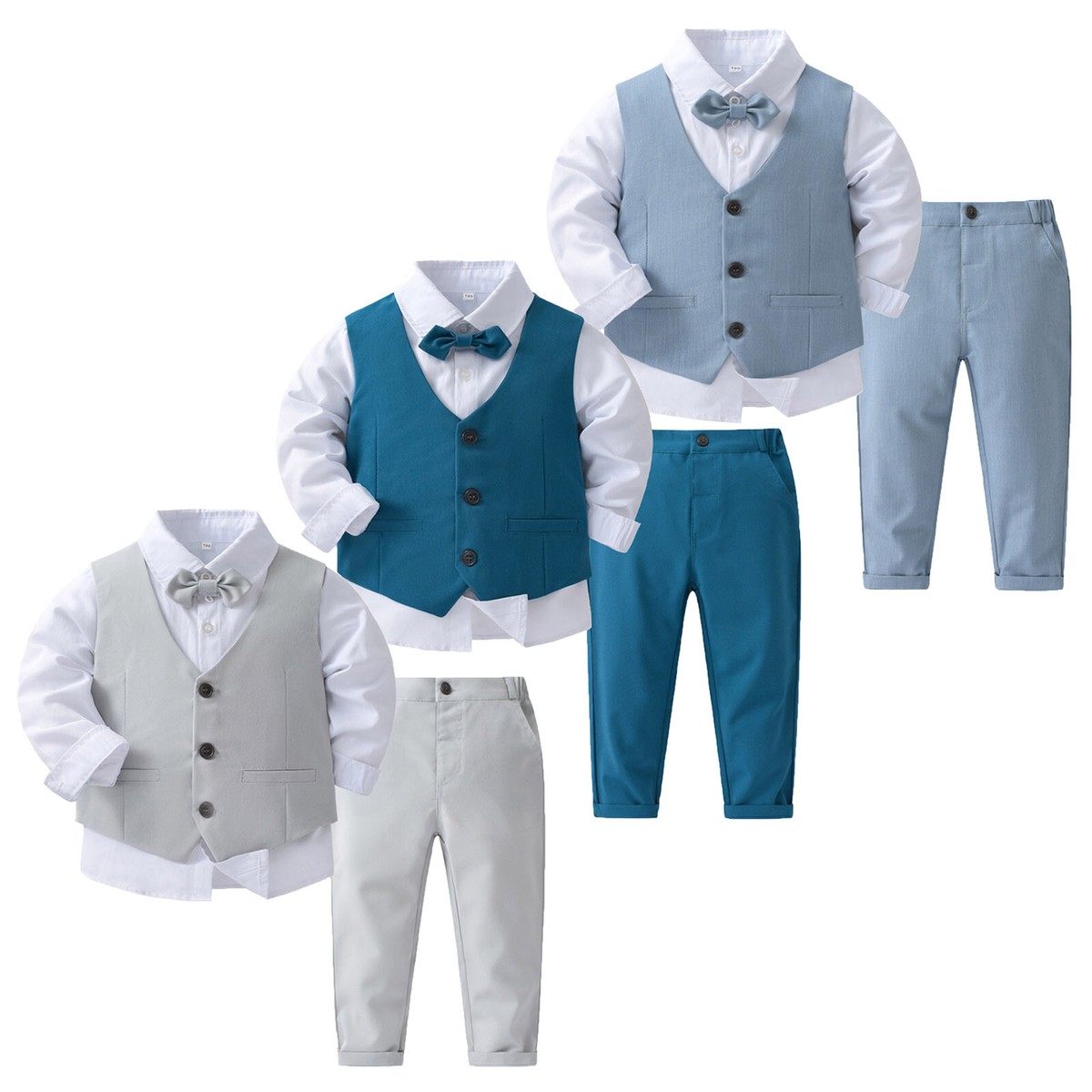 Baby Jungen Smoking Anzug Hemd + Hosen + Weste + Fliege Sets für Taufe Hochzeit