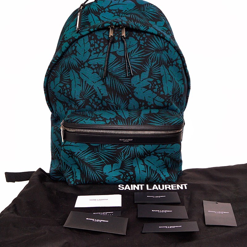 NUOVO $1150 SAINT LAURENT turchese palma tropicale floreale tela ZAINO CITTÀ borsa