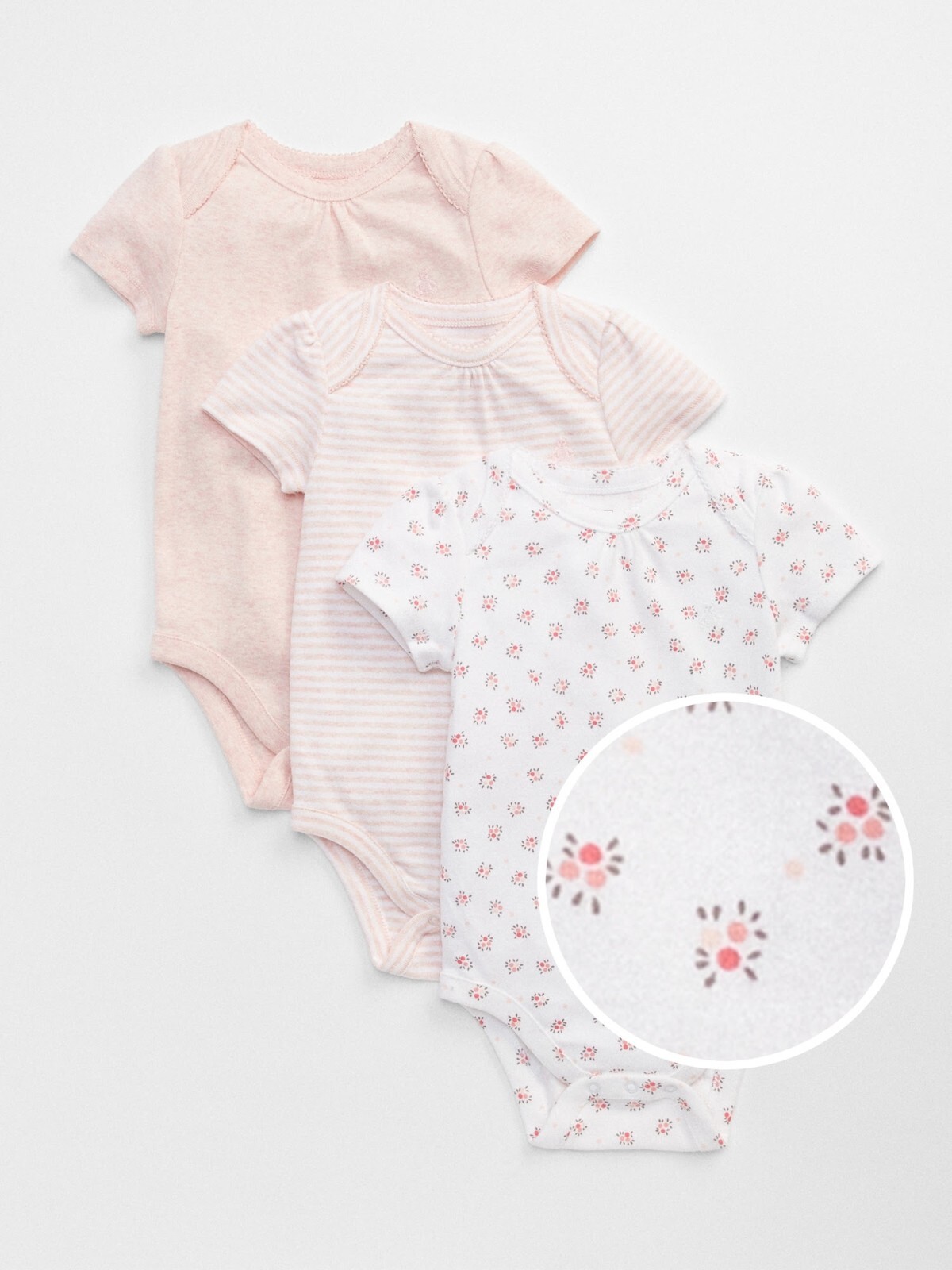 NEW GAP Baby Pink & White Floral Short Sleeve Bodysuit (3-Pack) Sz 12-18 Months