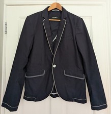 FULL CIRCLE cotton navy blazer white piping/stitching - VGC - women UK 12-14