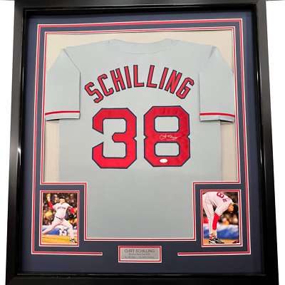 FRAMED Autographed/Signed CURT SCHILLING 33x42 Boston Grey Jersey