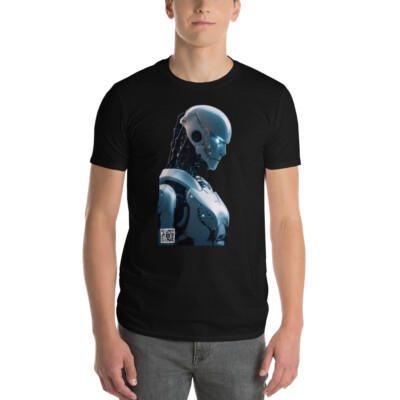 Robot T-Shirt smartphone camera scannable AR/QR code produces a 3D image