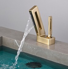 Brushed Gold Brass Single Handle Vessel Sink Bathroom Waterfall Faucet Mixer Tap