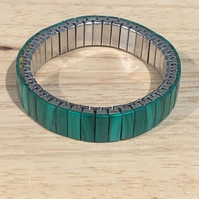Green Malachite Style Rectangular Tile Stretch Expansion Bracelet Silver Tone