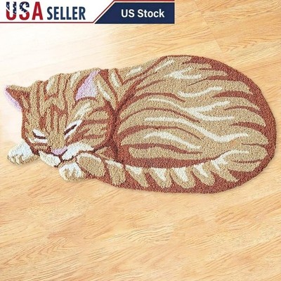 Handmade Sleeping Orange Tabby Cat Accent Rug 35x17 Soft Polyester Carpet Gift