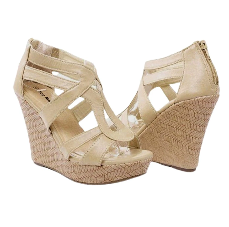 Top Moda Gladiator Platform Wedge Sandals Beige & Tan Cutout Strappy Open Toe - Image 2 of 4