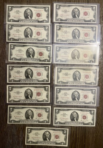 Lot 13 1963 & 1953 $2 Two Dollar Red Seal Old U.S. Paper Money Bill Bundle $2.00