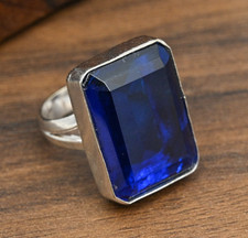 Blue Sapphire Lab-Created Gemstone Handmade 925 Sterling Silver Ring Jewelry