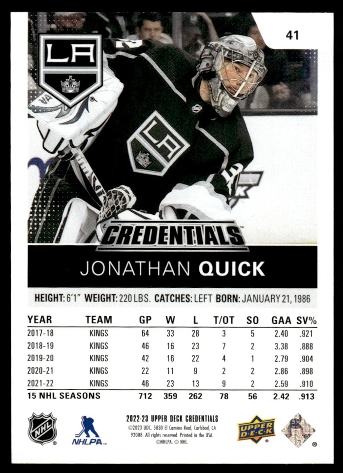 2022-23 Upper Deck Credentials Pink Jonathan Quick 49/49 Los Angeles Kings #41 - Image 2 of 2