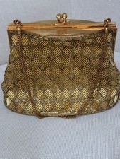 Gold Beaded Clasp Latch Lined Diamond Pattern Evening Bag Made In Hong Kong Vtg