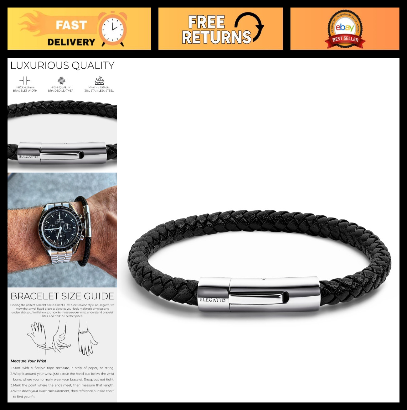 Premium Braided Leather Bracelet for Men | Full-Grain Leather & Silver Clasp | D