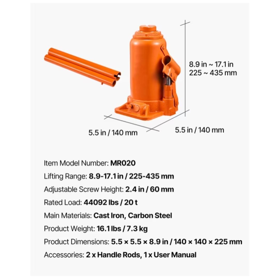 Hydraulic Bottle Jack, 20 Ton Capacity, 8.9-17.1 Inch Lift Range | eBay
