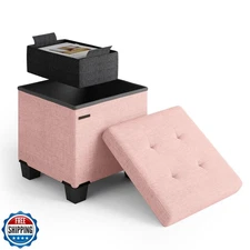 STORAGEBUD Storage Ottoman Cube with Small Bin, 16-in Square Ottoman with Sto