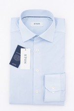 Men Eton Shirt Twill Light Blue Single Cuff Twill Slim Fit Size 40 15 3/4
