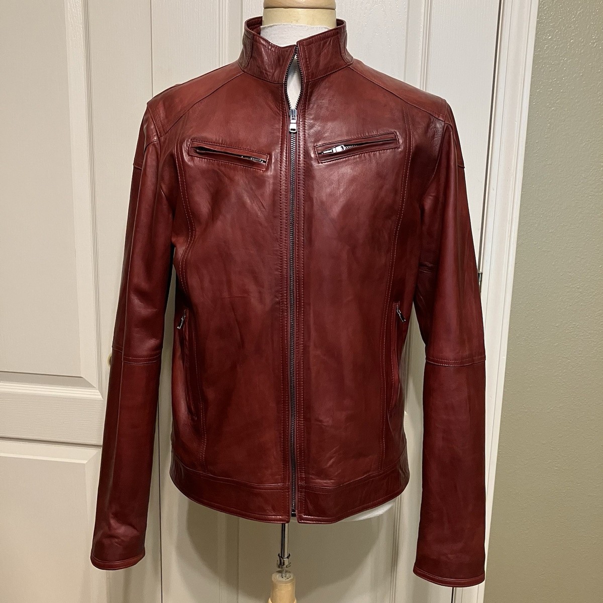 VERA PELLE Leather Jacket MOTORCYCLE Racer BURGUNDY- Sz 44 (IT 54