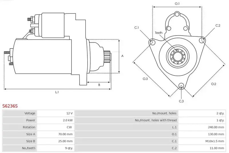 Starter motor Clockwise rotation S6236S AS-PL for JAGUAR XF I S-TYPE II XJ